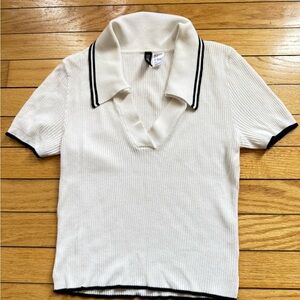 White Collared Knit Top with Black Trim Polo style collar